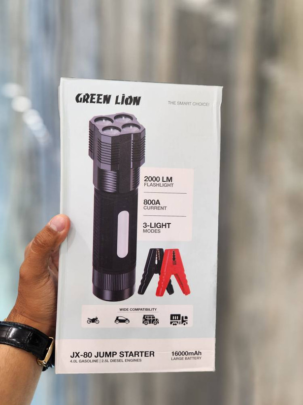 🚗 جامپ استارتر گرین لاین | ۲۰ بار استارت | پاوربانک و چراغقوه 2000 لومن | 16000mAh | مدل JX-80
